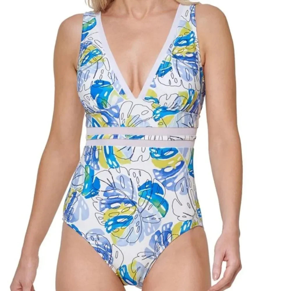 Tommy Hilfiger Sky Captain Multi Printed Monstera Leaf One-Piece Swimsuit sz 10